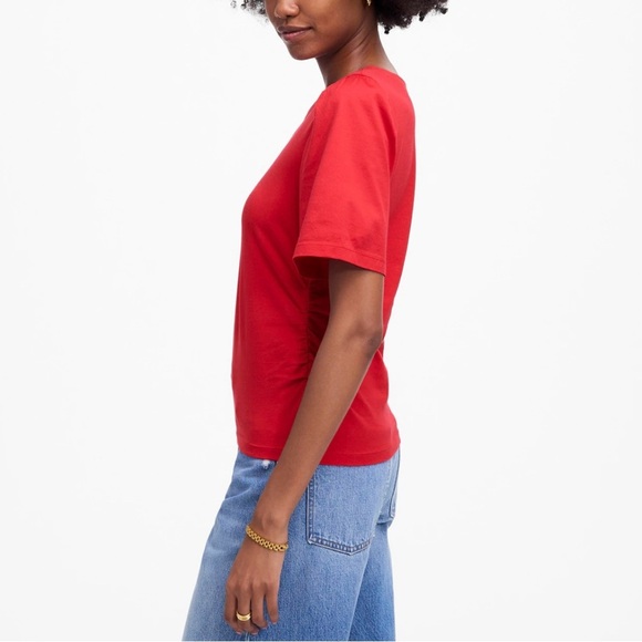 Madewell Side Cinch Puff Sleeve Tee Shirt NWT XS Red 100% Cotton - Picture 2 of 10